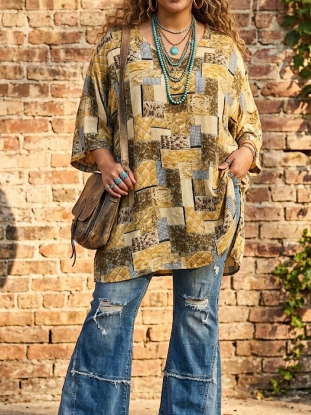 Vintage Waves Rayon Patchwork Print Boho Tunic Top Shoulder Pads Sz L Fits 1X 2X